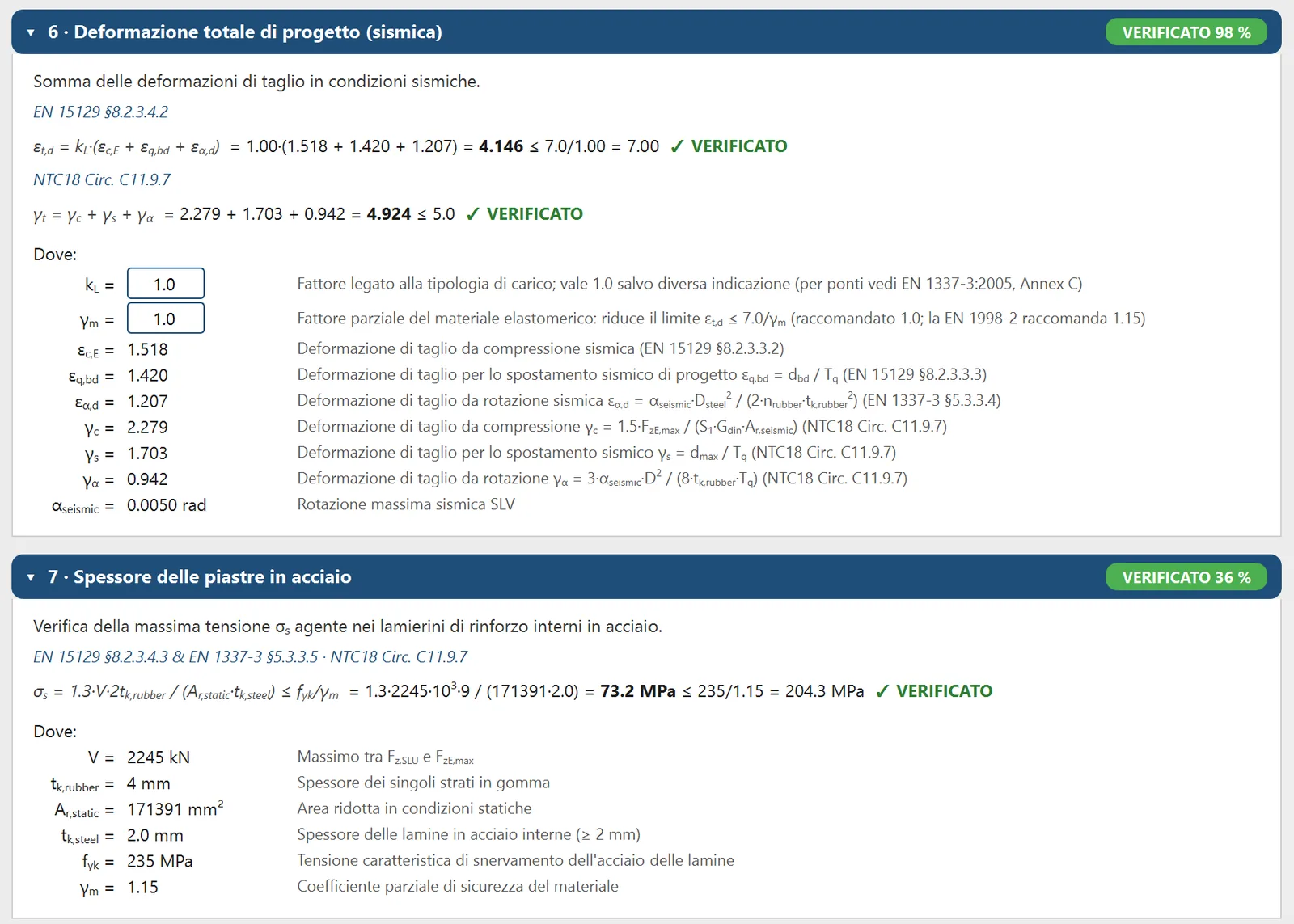 Schermata della relazione di verifica del modulo Isolatori sismici HDRB di AMetric Toolbox, con le formule normative estese, i valori numerici sostituiti e il confronto con i limiti di norma.