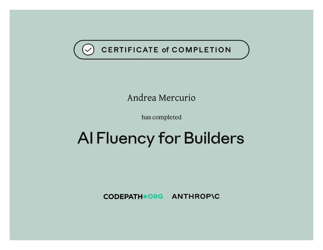 Certificato AI Fluency for Builders rilasciato da CodePath e Anthropic ad Andrea Mercurio