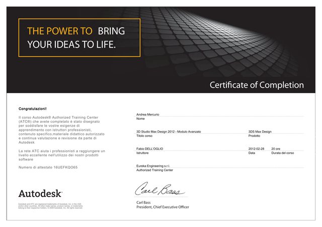 Certificate of completion Autodesk per il modulo avanzato di 3D Studio Max Design, 2012