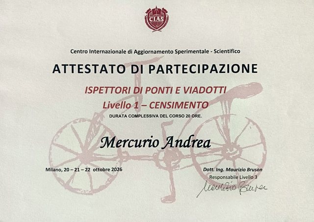 Attestato di partecipazione al corso CIAS per ispettori di ponti e viadotti, livello 1, Milano ottobre 2026