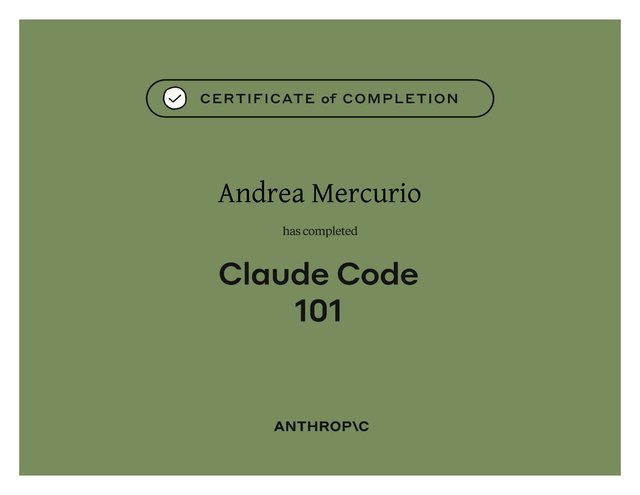 Certificato Claude Code 101 rilasciato da Anthropic ad Andrea Mercurio