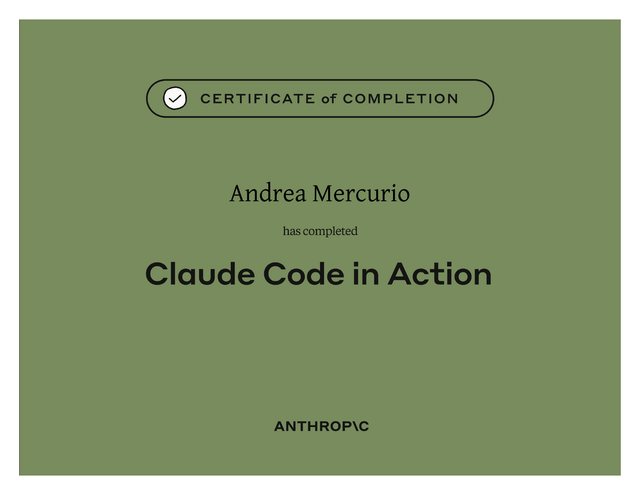 Certificato Claude Code in Action rilasciato da Anthropic ad Andrea Mercurio