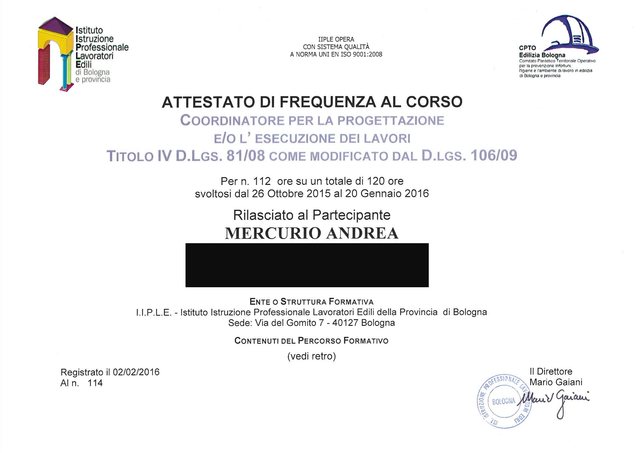 Attestato di frequenza al corso per coordinatore della sicurezza, Titolo IV D.Lgs. 81/08, IIPLE Bologna