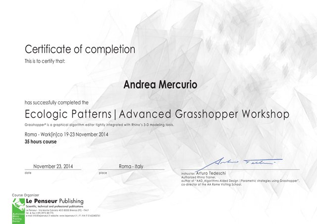 Attestato del workshop Ecologic Patterns — Advanced Grasshopper di Arturo Tedeschi, Roma 2014
