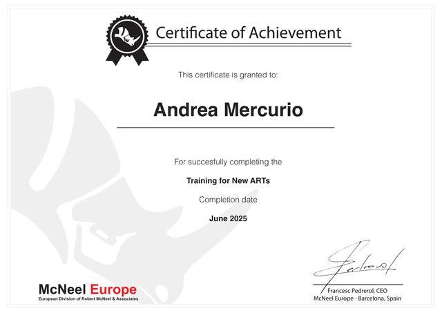 Certificato Training for New ARTs rilasciato da McNeel Europe ad Andrea Mercurio