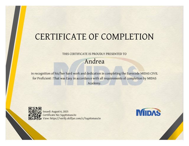 Certificate of completion del corso Eurocode MIDAS Civil for Proficient rilasciato da MIDAS Academy