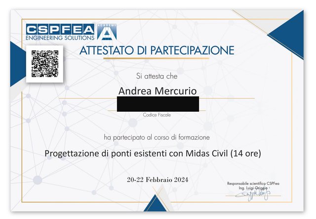 Attestato del corso Progettazione di ponti esistenti con Midas Civil, 14 ore, febbraio 2024