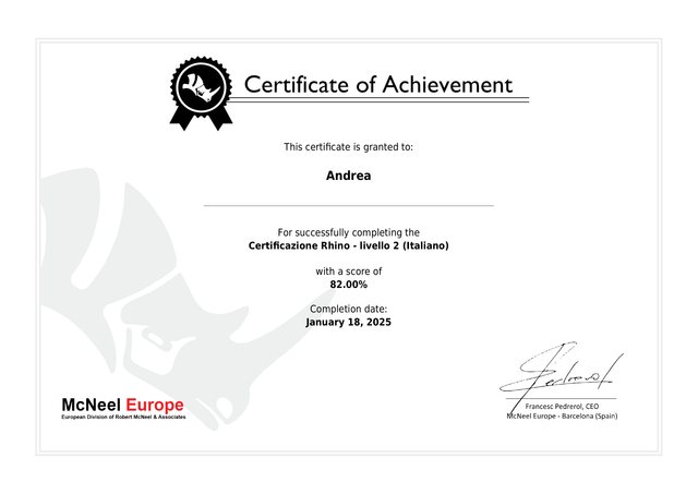Certificazione Rhino livello 2 di Andrea Mercurio, McNeel Europe