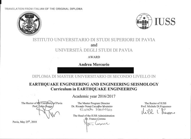 Diploma di master di secondo livello in Earthquake Engineering and Engineering Seismology, IUSS Pavia e Università di Pavia, anno accademico 2016/2017