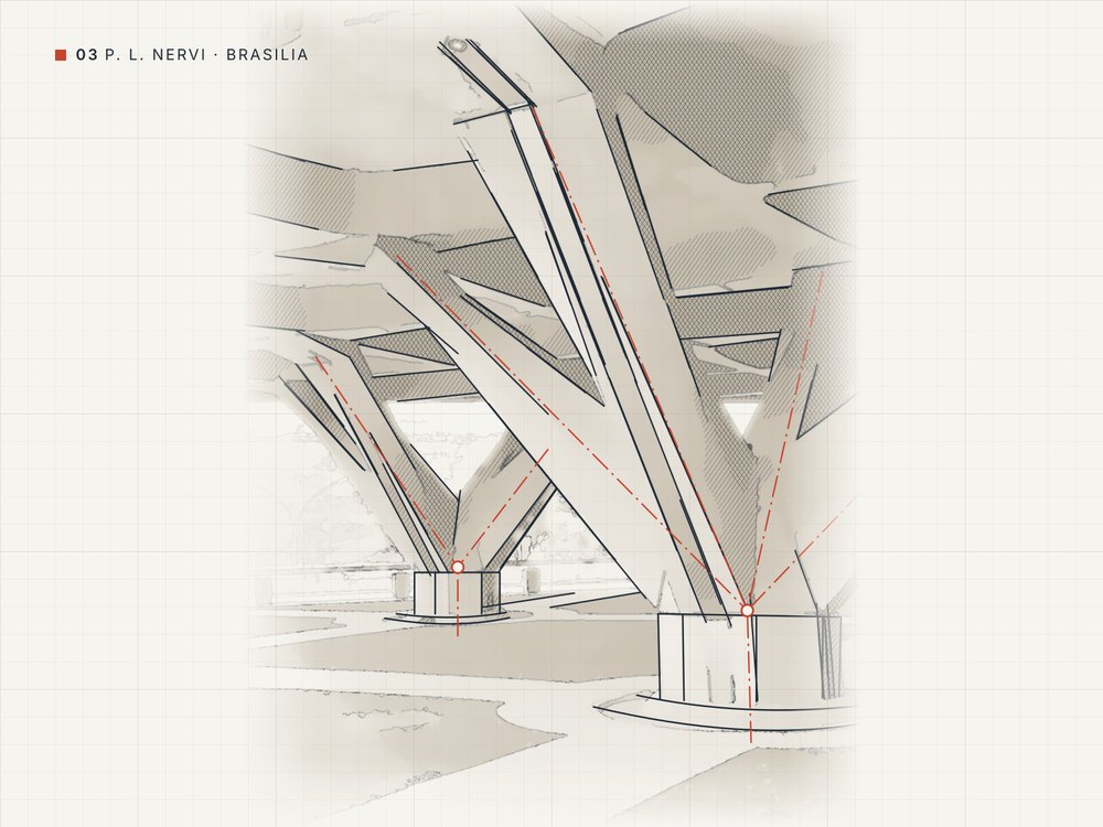Pilastri ramificati di Pier Luigi Nervi a Brasilia, con gli assi della geometria evidenziati