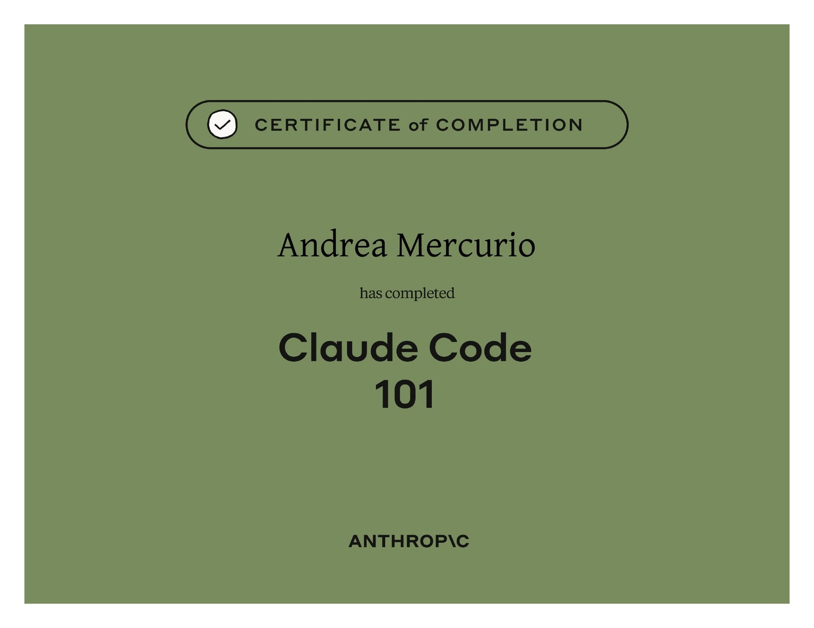 Certificato Claude Code 101 rilasciato da Anthropic ad Andrea Mercurio
