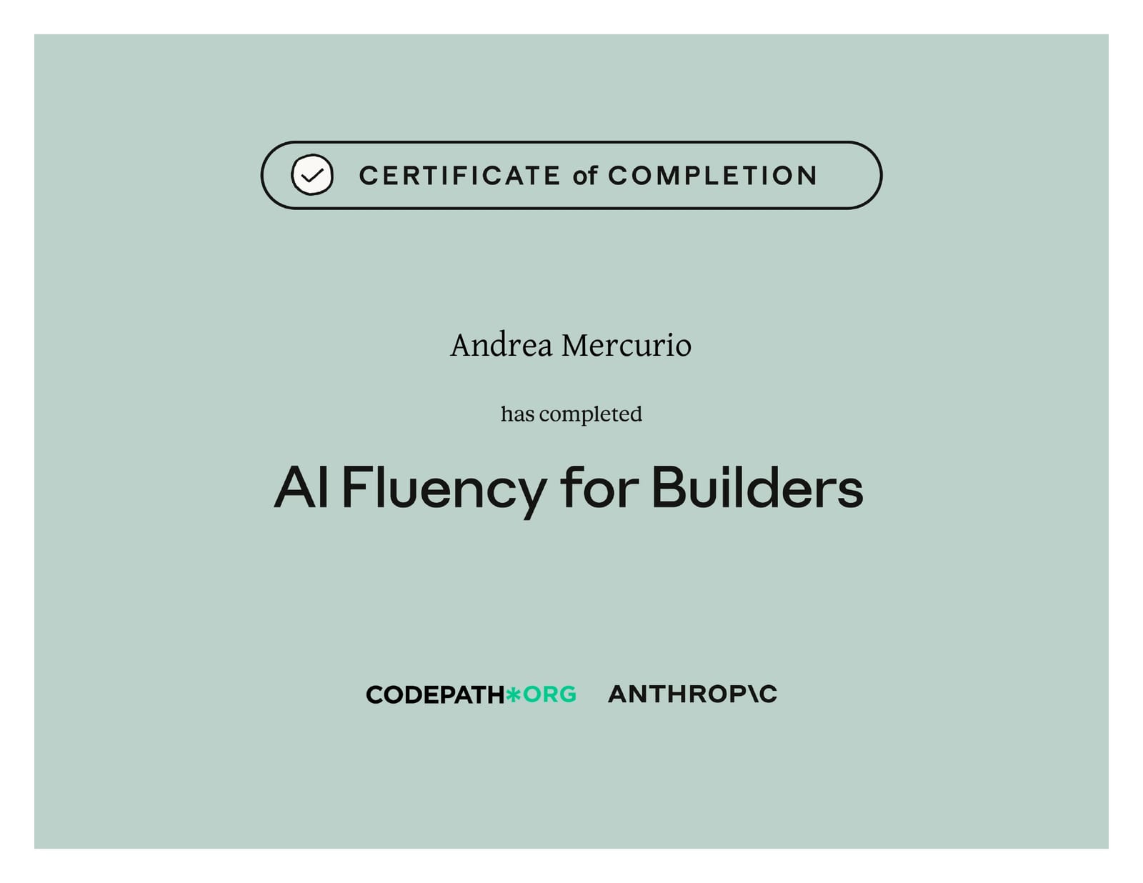 Certificato AI Fluency for Builders rilasciato da CodePath e Anthropic ad Andrea Mercurio