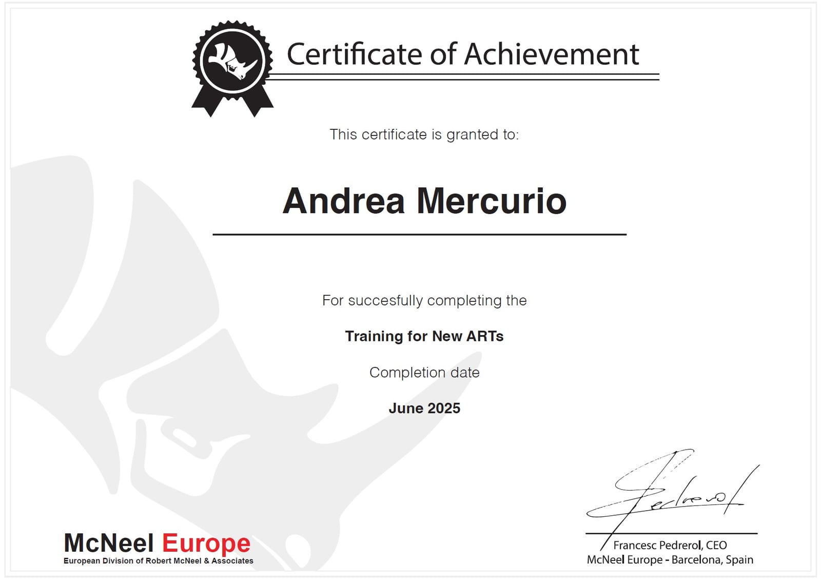 Authorized Rhino Trainer certificate issued to Andrea Mercurio by McNeel Europe