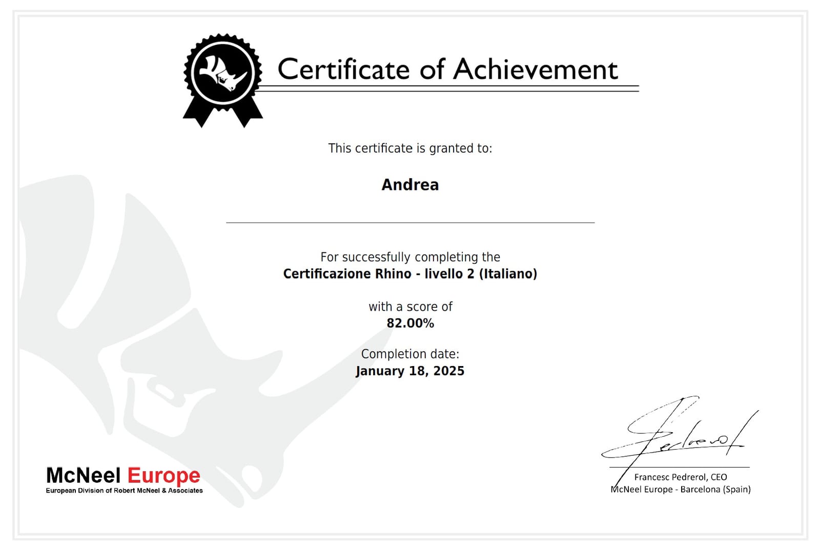 Rhino Level 2 certification of Andrea Mercurio, McNeel Europe