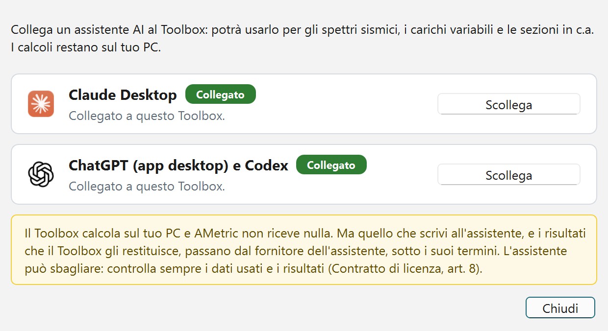 Il dialogo «Assistente AI» di AMetric Toolbox: Claude Desktop e ChatGPT risultano collegati, ciascuno col bottone «Scollega»