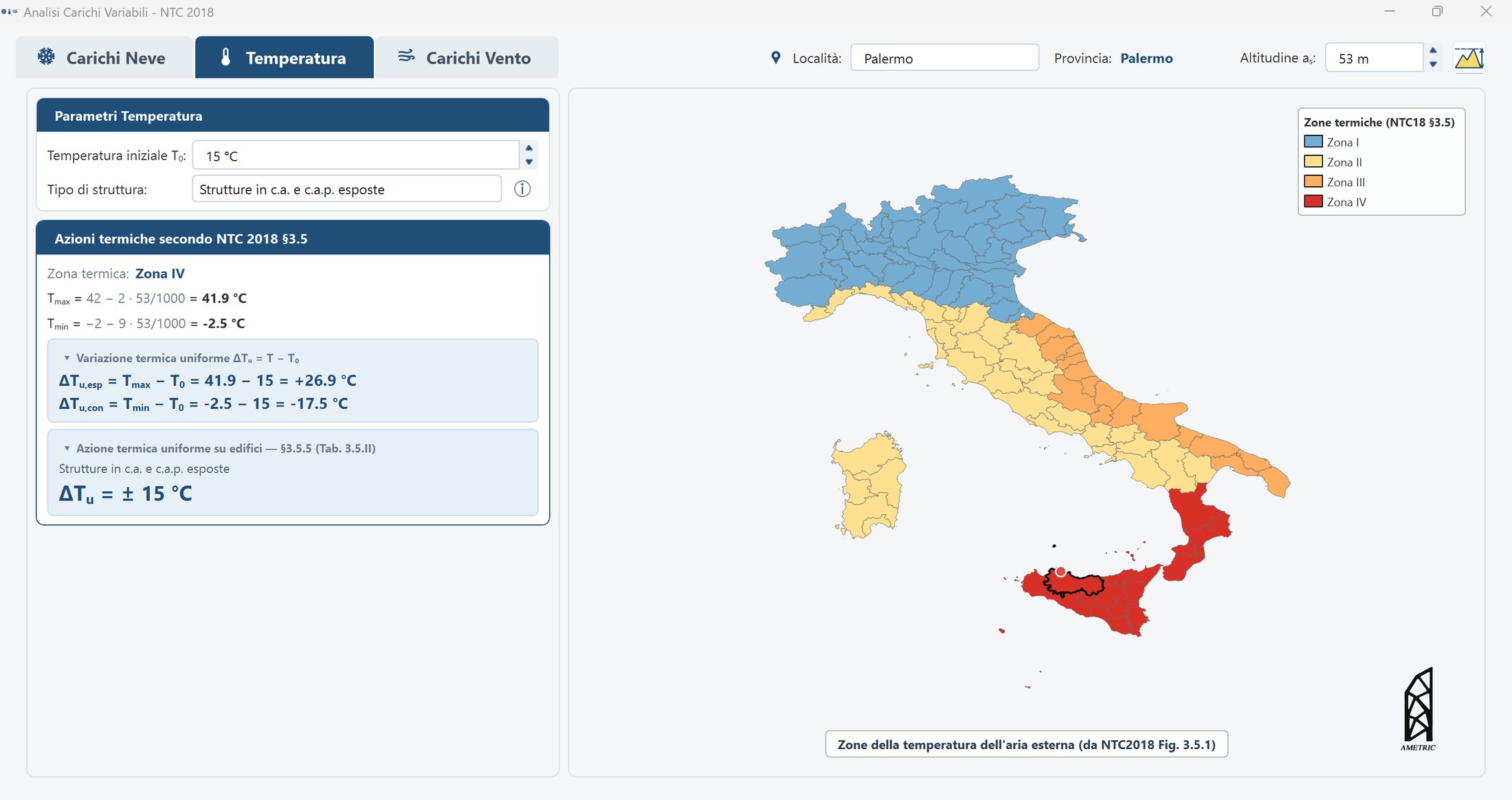 Scheda azioni termiche NTC 2018 con mappa delle zone termiche e variazione termica uniforme
