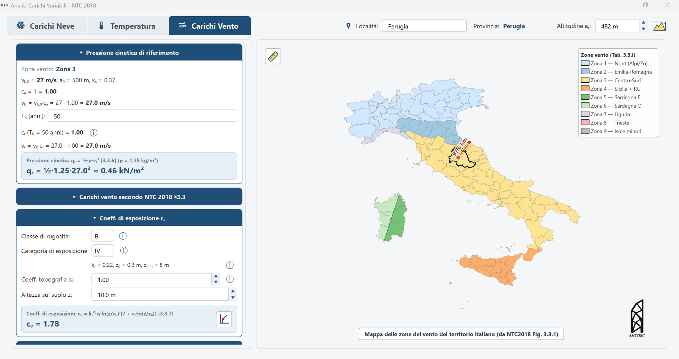 Scheda carichi vento NTC 2018 con mappa delle zone vento e calcolo della pressione