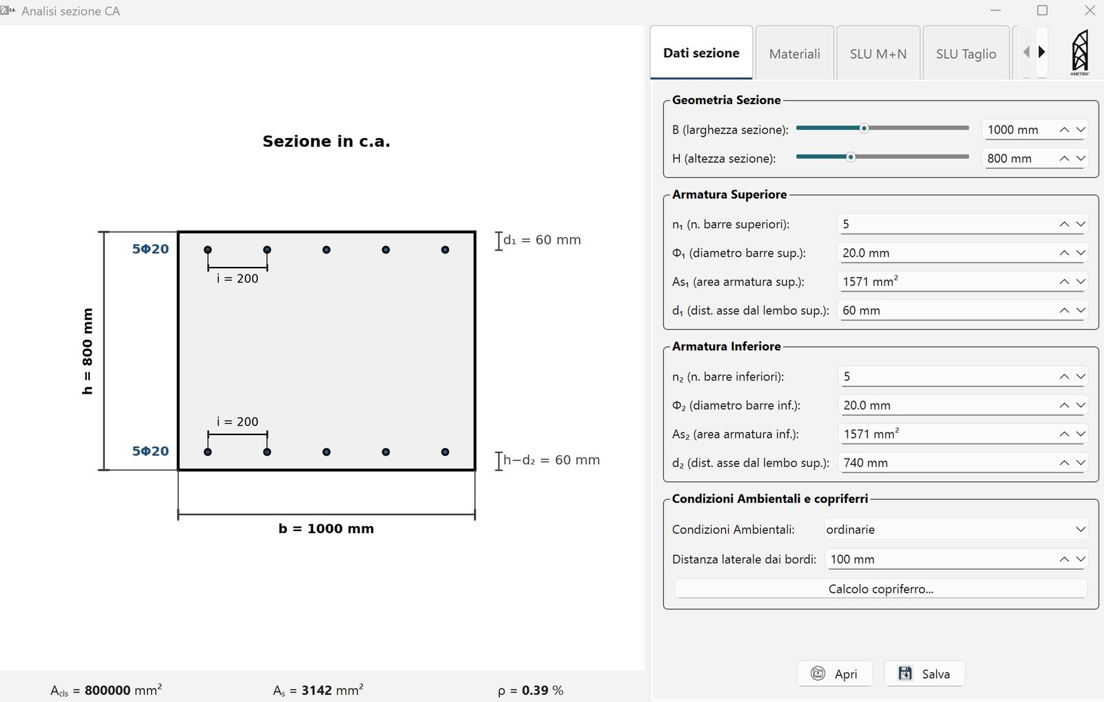 Section data tab: reinforced-concrete section geometry and reinforcement