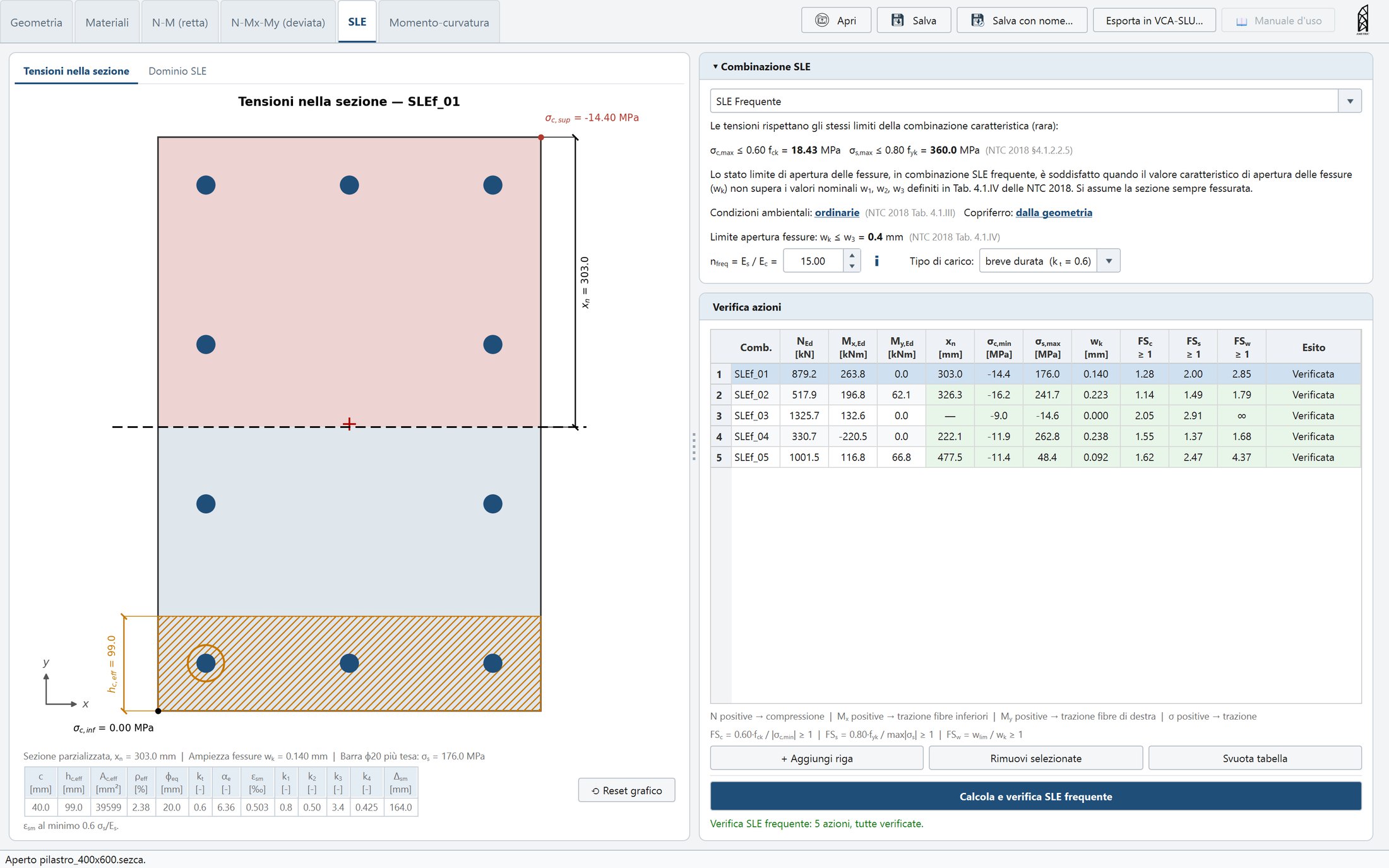 Scheda SLE in combinazione frequente: area efficace tratteggiata attorno alle barre tese, barra che governa evidenziata, apertura delle fessure wk e coefficienti del calcolo
