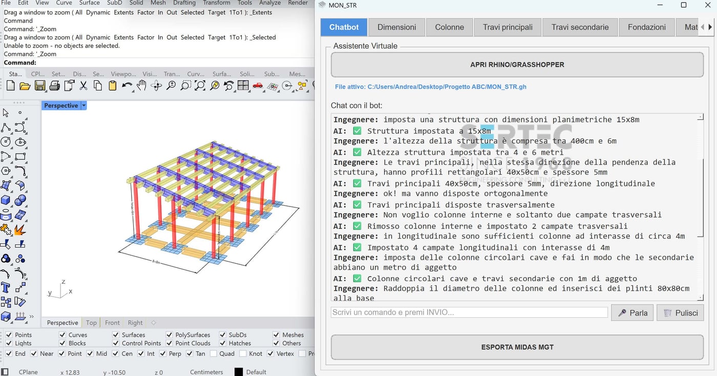Software interface with AI chatbot and 3D model in Rhino
